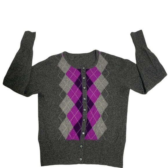 Women’s Gray Argyle Button Front Cashmere Sweater Cardigan - Picture 4 of 9